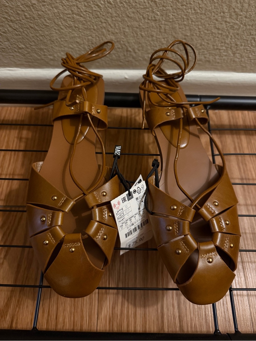 ZARA Tan Lace-Up Flat Sandals
